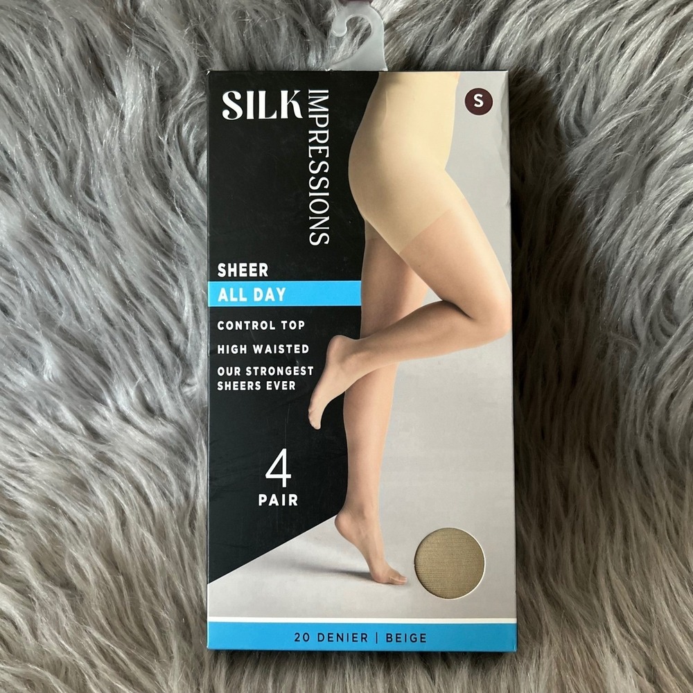 Silk Impressions Sheer Control Top Tights Womens‎ Size Small Beige High Waisted